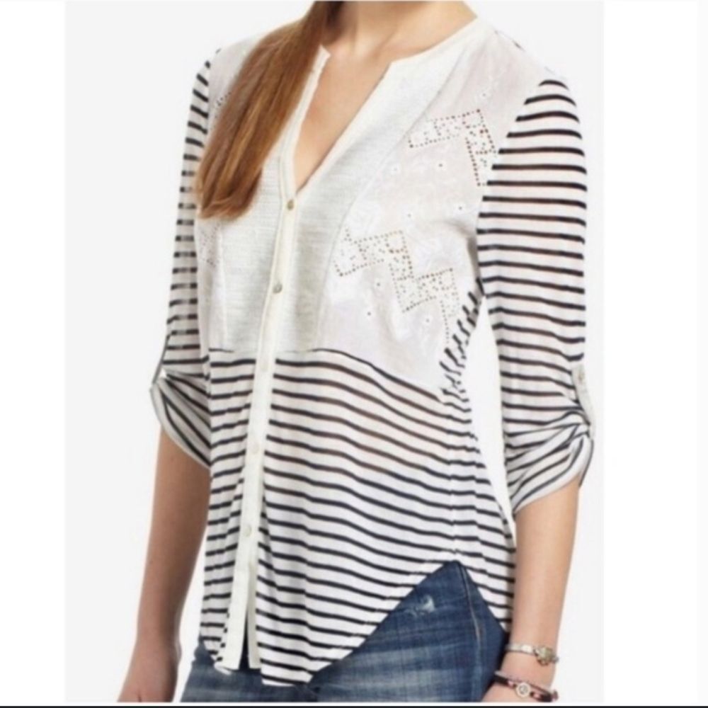 TINY anthropology | striped embellished silk and cotton button blouse med NWT